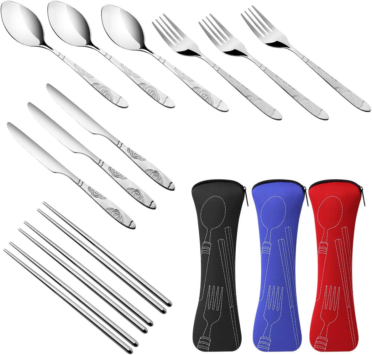 3 Pack Reusable Flatware Sets Knife, Fork, Spoon, Chopsticks, 12Pcs Portable Travel Stainless Steel Tableware Dinnerware with Carrying Case - Image 3