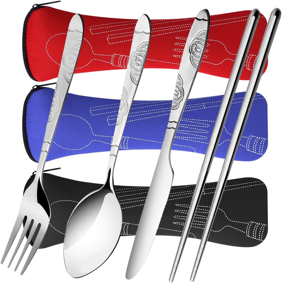 3 Pack Reusable Flatware Sets Knife, Fork, Spoon, Chopsticks, 12Pcs Portable Travel Stainless Steel Tableware Dinnerware with Carrying Case - Image 4