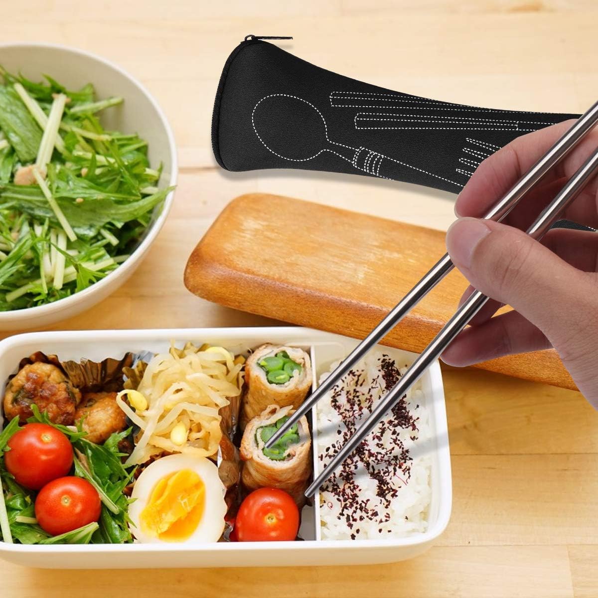 3 Pack Reusable Flatware Sets Knife, Fork, Spoon, Chopsticks, 12Pcs Portable Travel Stainless Steel Tableware Dinnerware with Carrying Case - Image 5