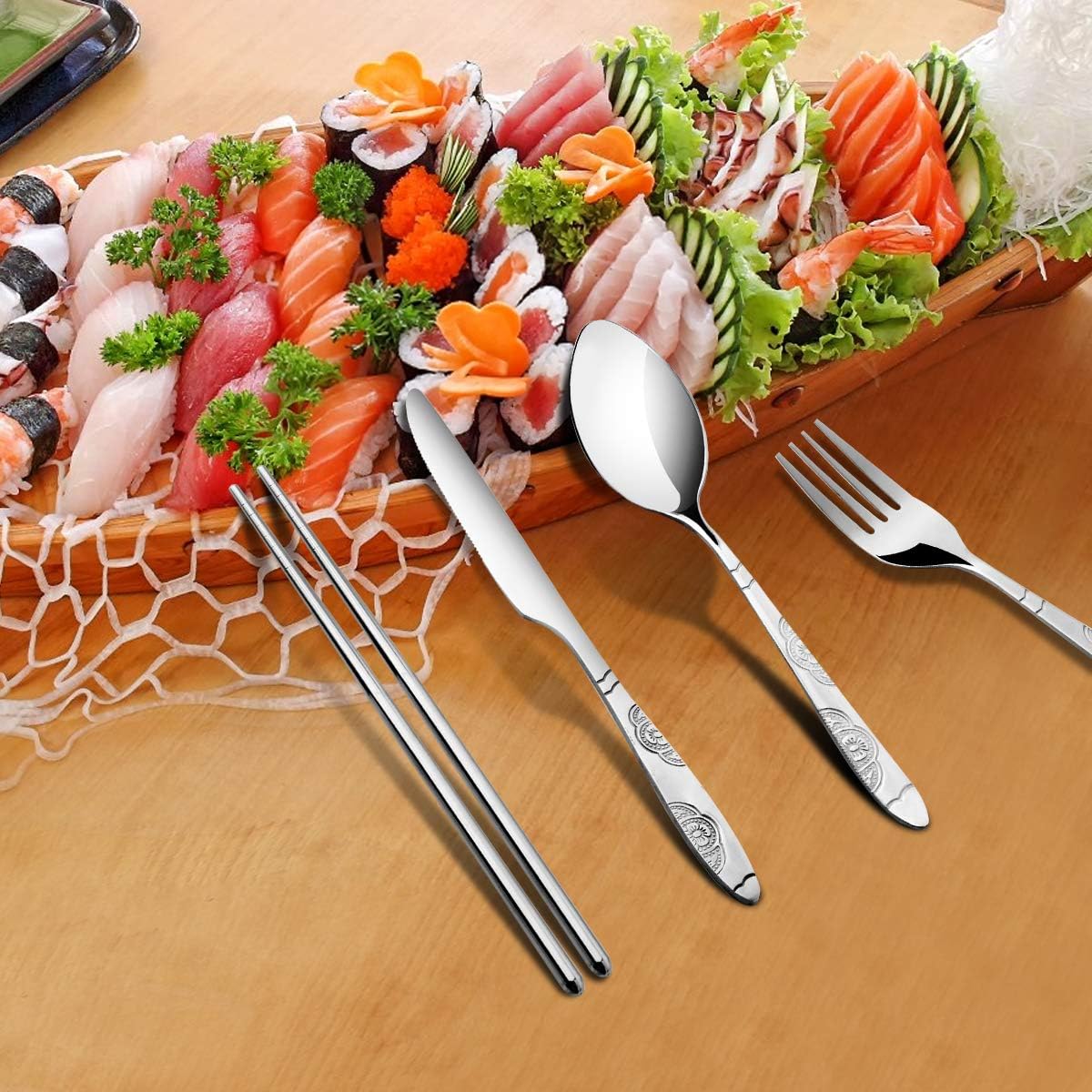 3 Pack Reusable Flatware Sets Knife, Fork, Spoon, Chopsticks, 12Pcs Portable Travel Stainless Steel Tableware Dinnerware with Carrying Case - Image 6
