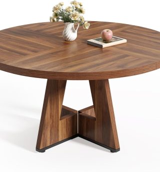 LITTLE TREE Round Dining Table for 4-6 People, 47 Inches Dining Room Table with Wooden Pedestal Base, Brown Dinner Tables, Circle Kitchen Tables for Dining Room, Kitchen, Living Room(Table Only)