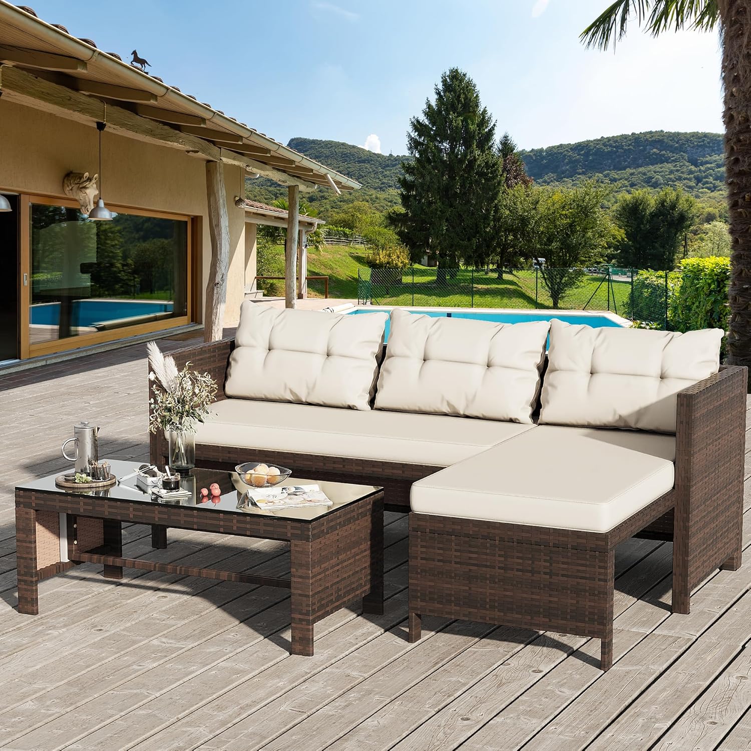 Shintenchi Outdoor Patio Furniture Sets, Wicker Patio sectional Sets 3-Piece, All Weather Wicker Rattan Patio Seating Sofas with Glass Coffee Table and Cushion (Beige)
