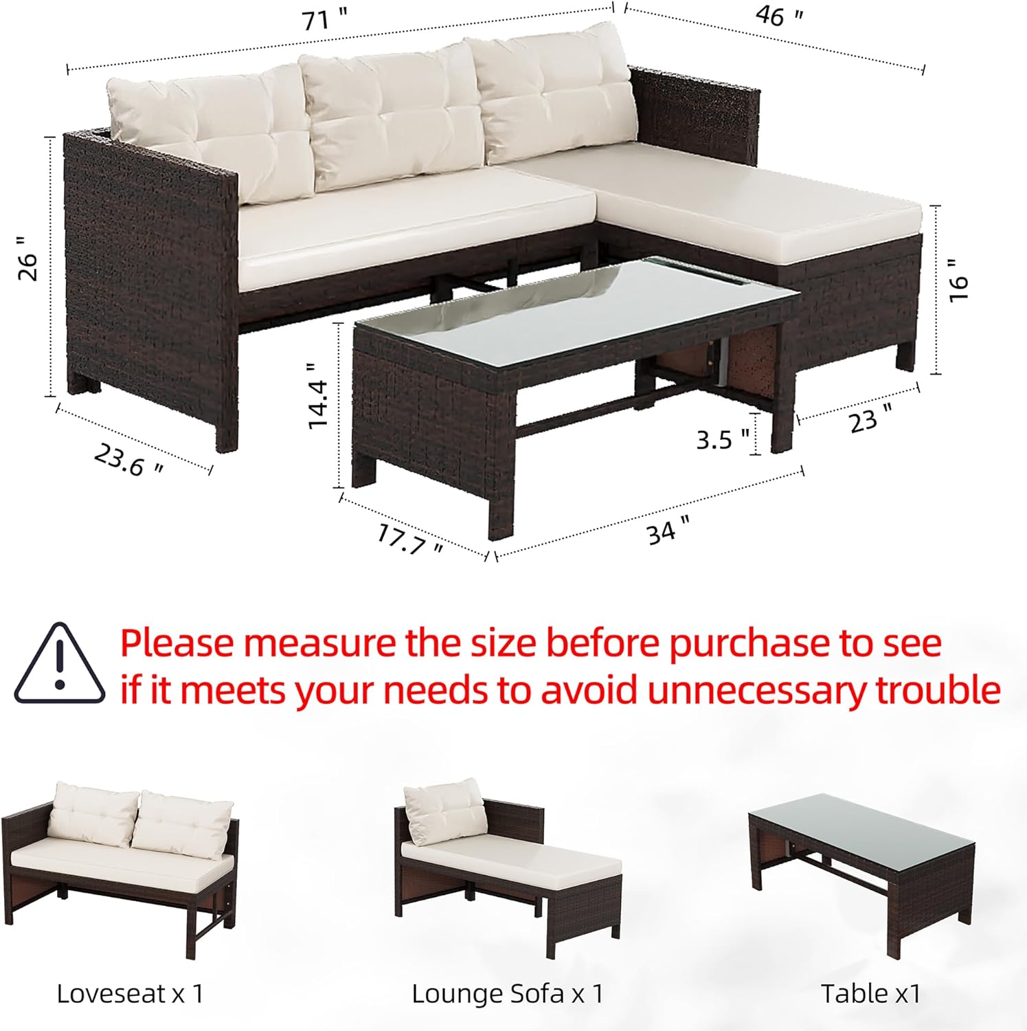 Shintenchi Outdoor Patio Furniture Sets, Wicker Patio sectional Sets 3-Piece, All Weather Wicker Rattan Patio Seating Sofas with Glass Coffee Table and Cushion (Beige) - Image 6