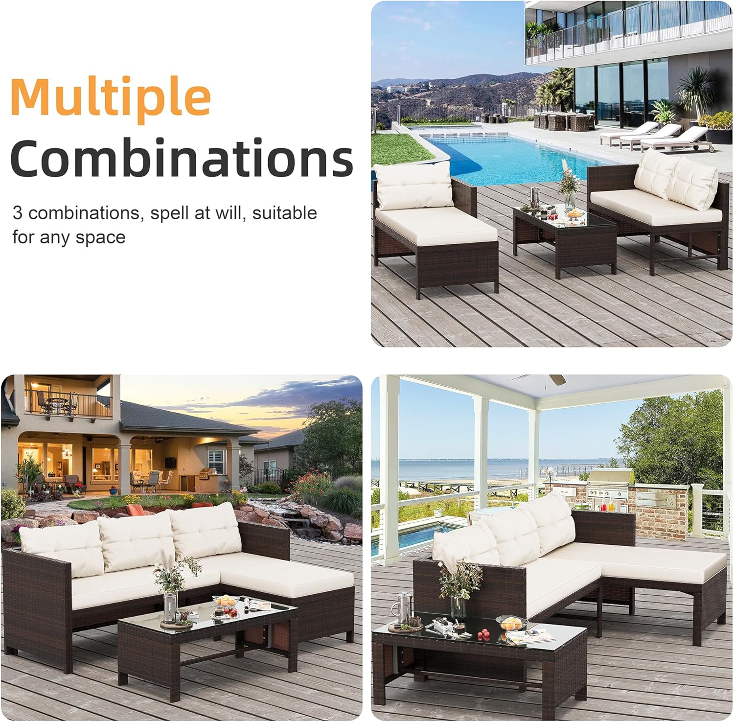 Shintenchi Outdoor Patio Furniture Sets, Wicker Patio sectional Sets 3-Piece, All Weather Wicker Rattan Patio Seating Sofas with Glass Coffee Table and Cushion (Beige) - Image 7