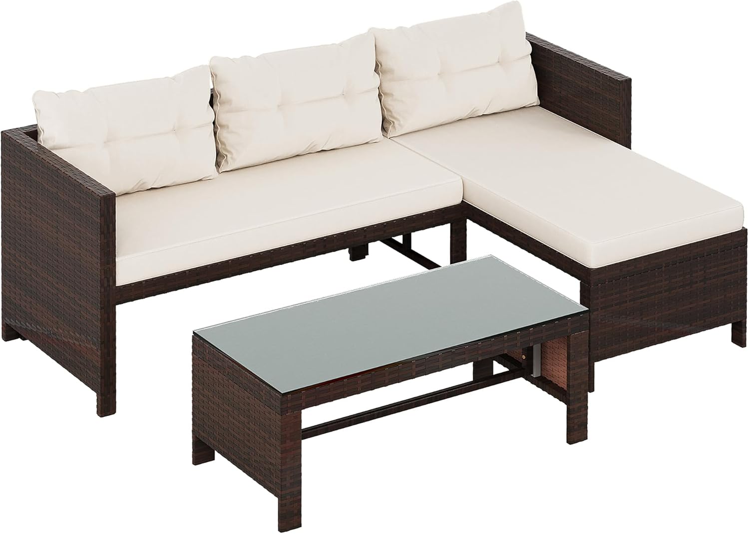 Shintenchi Outdoor Patio Furniture Sets, Wicker Patio sectional Sets 3-Piece, All Weather Wicker Rattan Patio Seating Sofas with Glass Coffee Table and Cushion (Beige) - Image 8