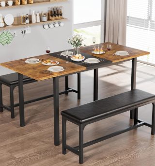 VECELO 3-Piece 63" Extendable Kitchen Table with Benches/Chairs, Modern Breakfast Dinette/Dining Room Set for 4/6/2, Small Space Saving Design, Easy Assembly