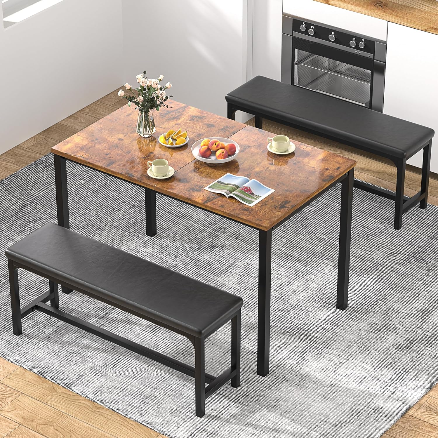 VECELO 3-Piece 63" Extendable Kitchen Table with Benches/Chairs, Modern Breakfast Dinette/Dining Room Set for 4/6/2, Small Space Saving Design, Easy Assembly - Image 4