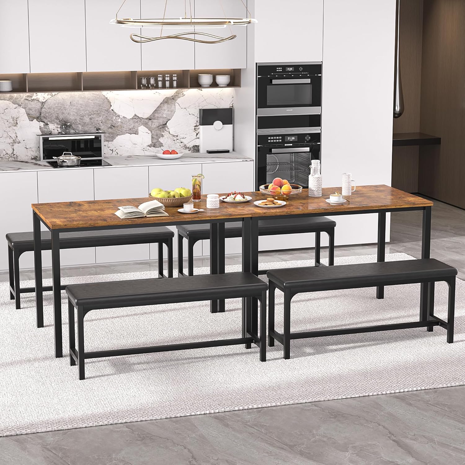 VECELO 3-Piece 63" Extendable Kitchen Table with Benches/Chairs, Modern Breakfast Dinette/Dining Room Set for 4/6/2, Small Space Saving Design, Easy Assembly - Image 5