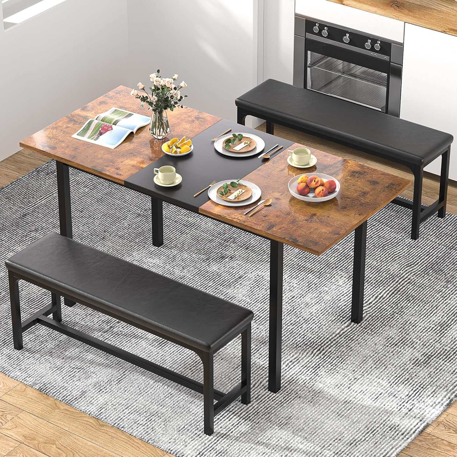 VECELO 3-Piece 63" Extendable Kitchen Table with Benches/Chairs, Modern Breakfast Dinette/Dining Room Set for 4/6/2, Small Space Saving Design, Easy Assembly - Image 7